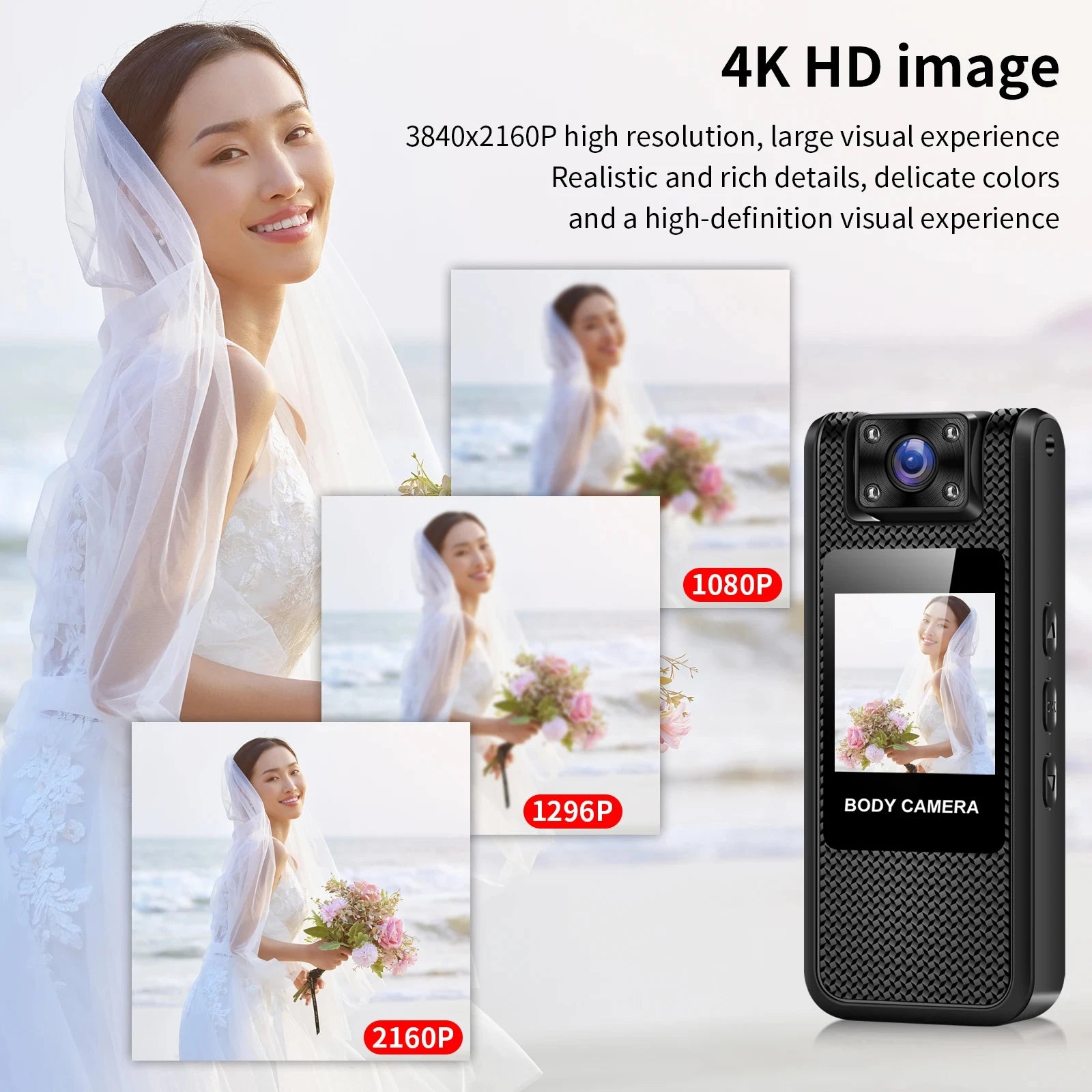 Black textured plastic 4K body camera with a small display screen, showing high-definition recording resolution samples.