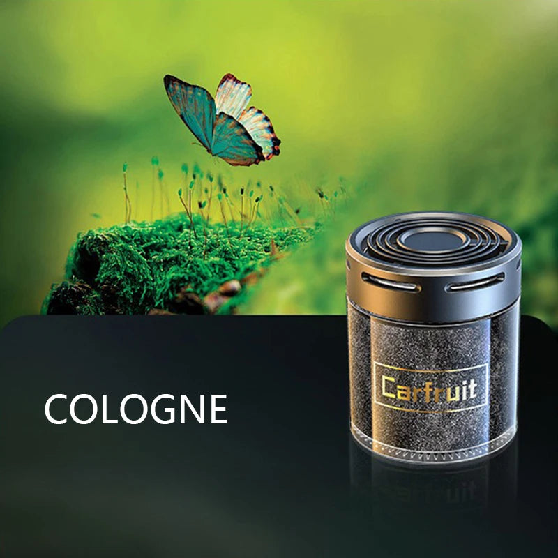 Cologne car air freshener with a sleek black cylindrical design, featured against a nature-inspired butterfly background.