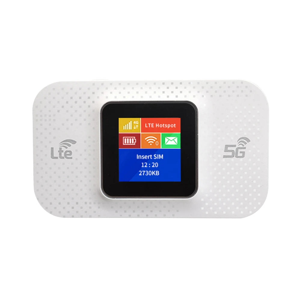White, pocket-sized 4G LTE mobile Wi-Fi router with a colour digital display showing signal and connection status.