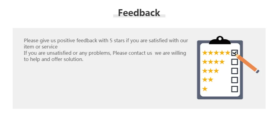 Feedback request graphic showing a clipboard with five stars and a pencil checking the five-star rating box.
