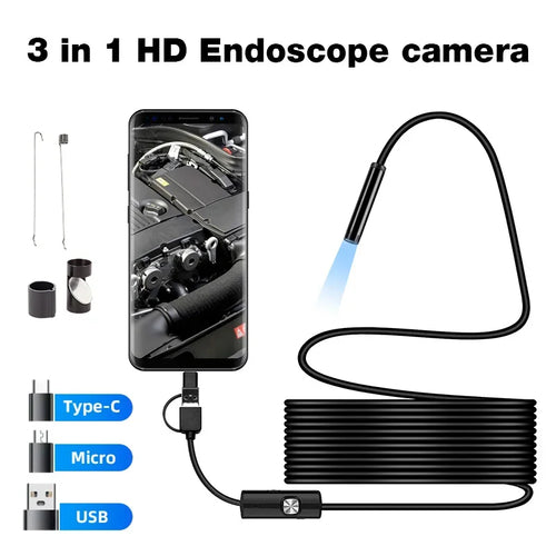 3-in-1 black endoscope camera with LED light, USB, Micro and Type-C connectors, and inspection attachments.