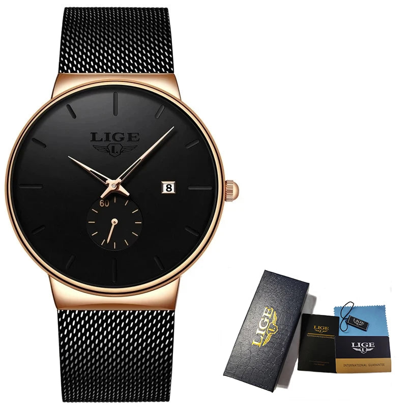 Elegant ultra-thin women's quartz watch with a black face, rose gold case, and black stainless steel mesh strap.