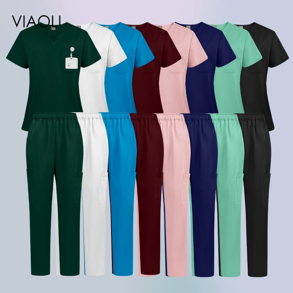 Unisex medical scrub sets in various colours, featuring V-neck tops with pockets and matching elastic-waist trousers.