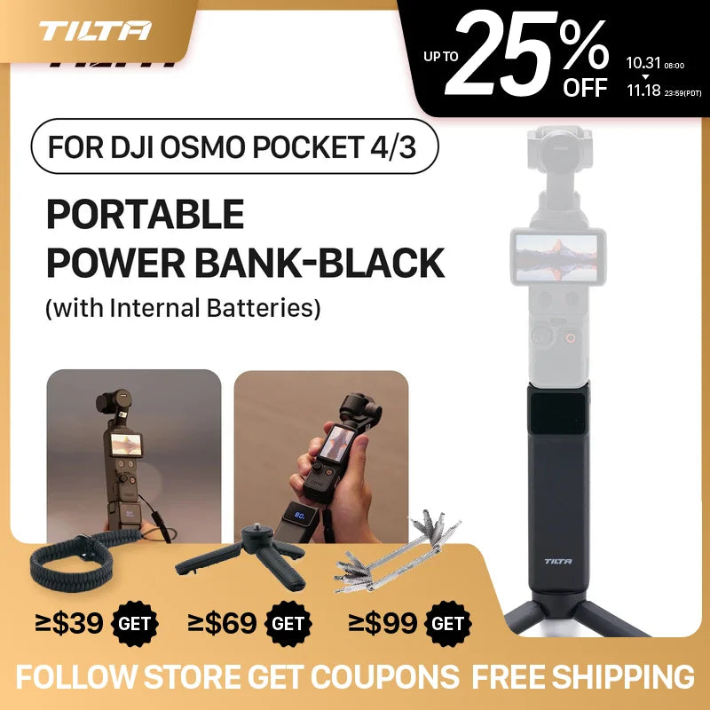 Tilta Portable Power Bank for DJI Osmo Pocket 3/4 with internal batteries, shown with accessories and camera.