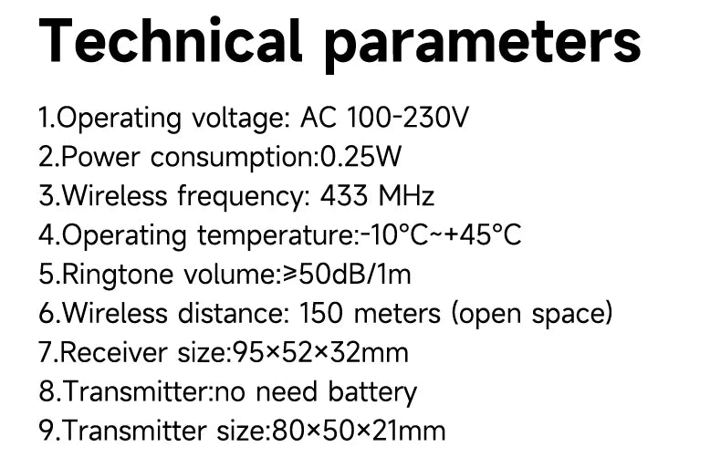 Technical specifications list for a self-powered wireless doorbell featuring a 150m range and 38 selectable chimes.