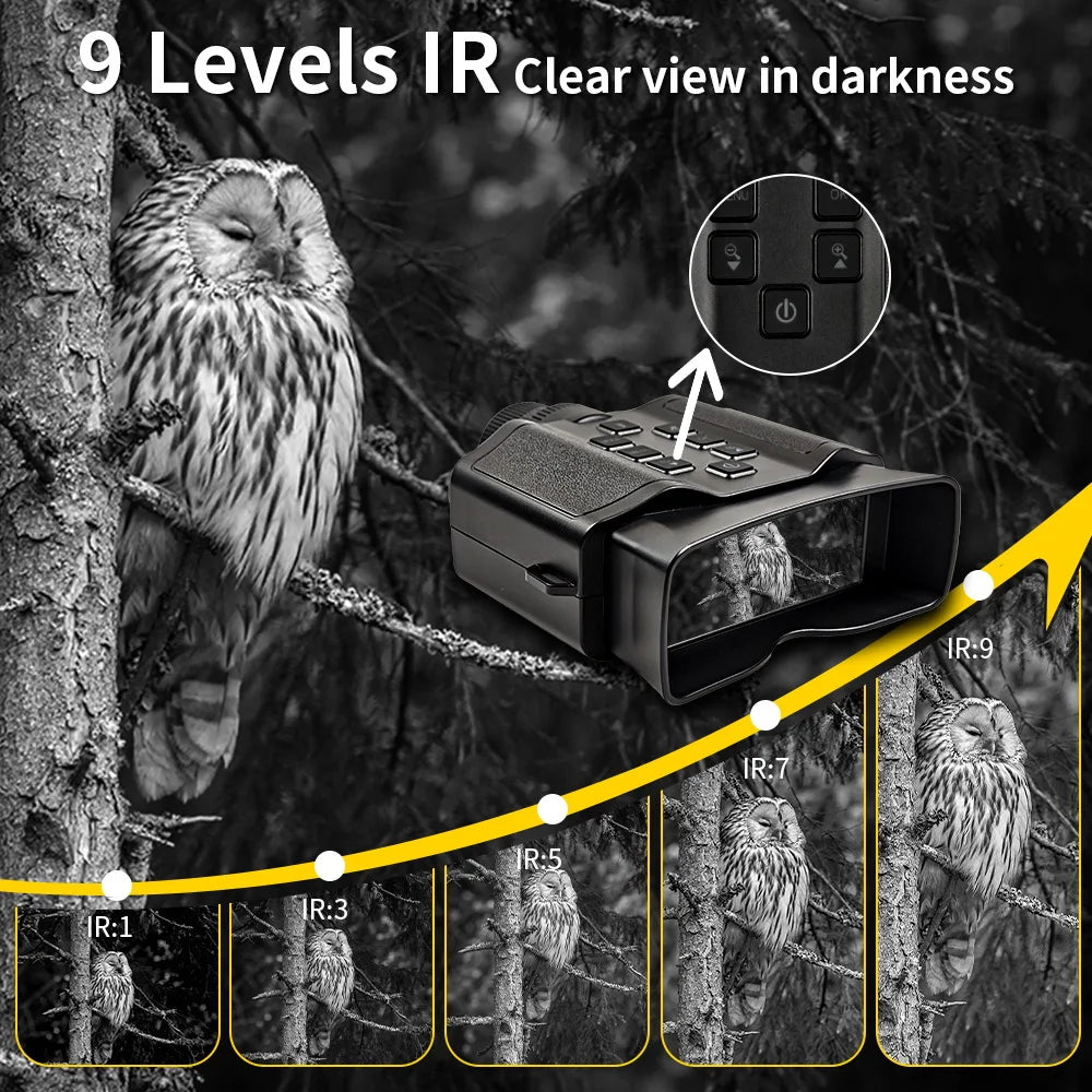 Black plastic night vision goggles with 9 infrared levels and control buttons, shown with an owl display sample.