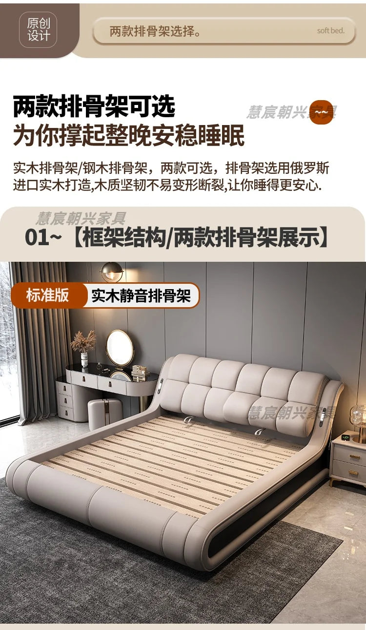 Modern, low-profile bed frame in light grey leather with a cushioned headboard and slatted base in a bedroom setting.