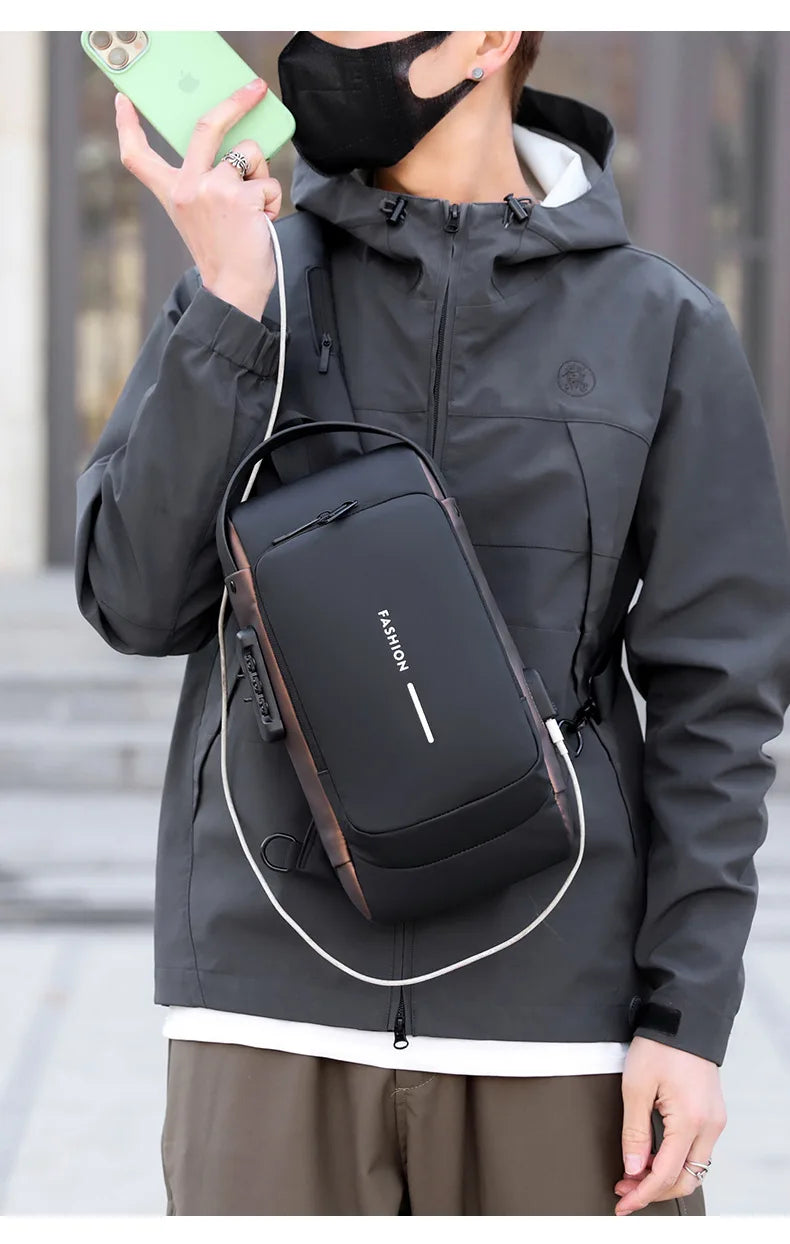 A sleek black, anti-theft chest bag featuring a password lock, integrated USB charging port, and modern style.