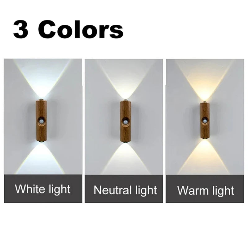 Wooden motion sensor wall lamp featuring three adjustable light settings: white, neutral, and warm light.