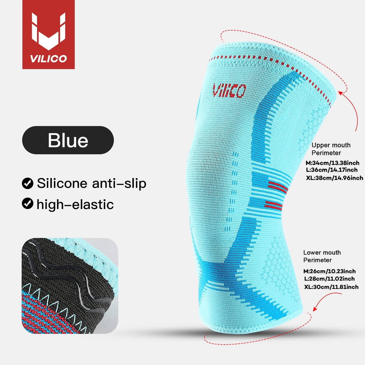 Light blue, high-elastic knee support sleeve with silicone anti-slip grip and detailed size measurements.
