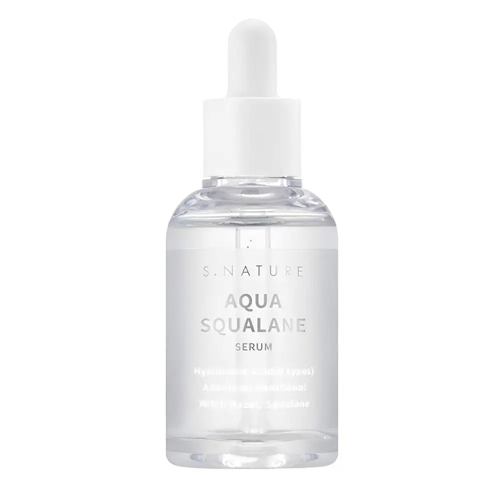 Clear glass bottle of hydrating aqua squalane facial serum with a white dropper cap, isolated on a white background.