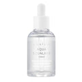 Clear glass bottle of hydrating aqua squalane facial serum with a white dropper cap, isolated on a white background.