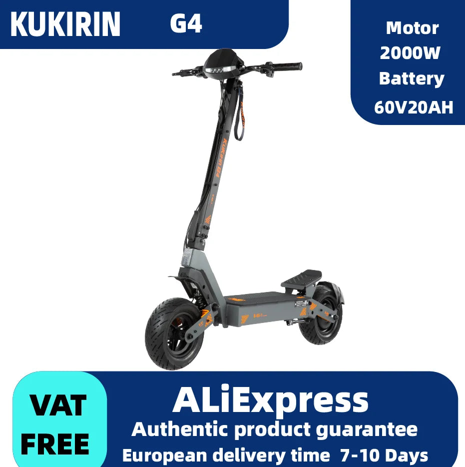 KukiRim G4 electric scooter in grey with orange accents, featuring large fat tires and wide standing deck.