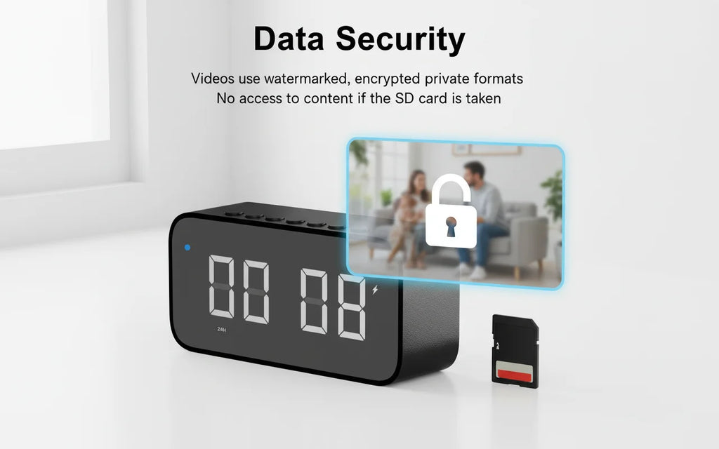 Black plastic digital clock camera with a digital display and an SD card for encrypted video storage.