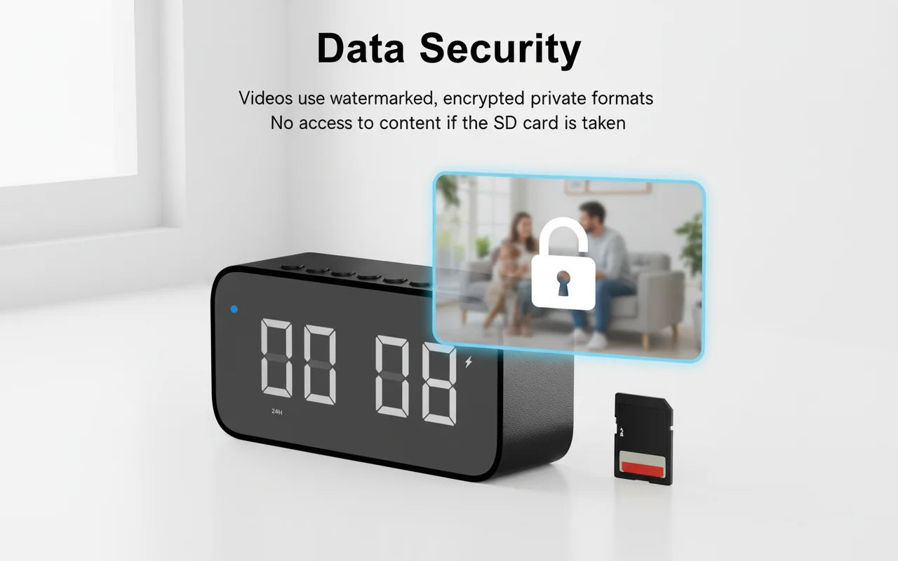 Black plastic digital clock camera with a digital display and an SD card for encrypted video storage.