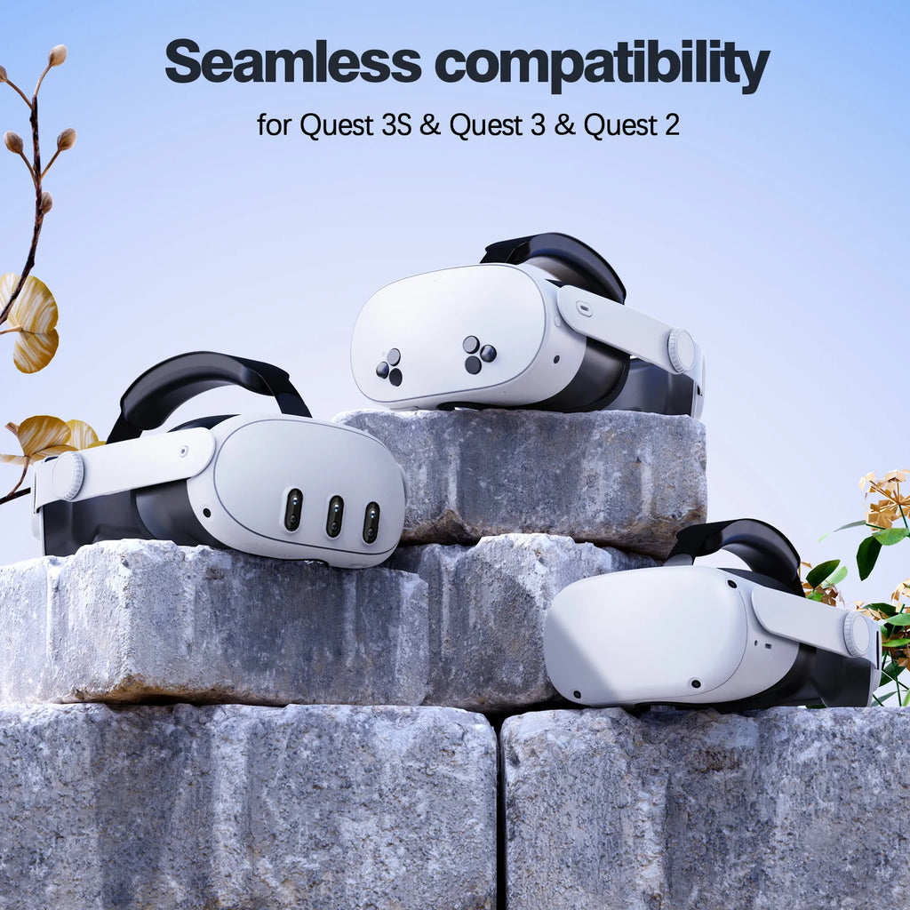 Three white adjustable VR headbands with black flexible straps, displayed on stone blocks against a blue sky background.