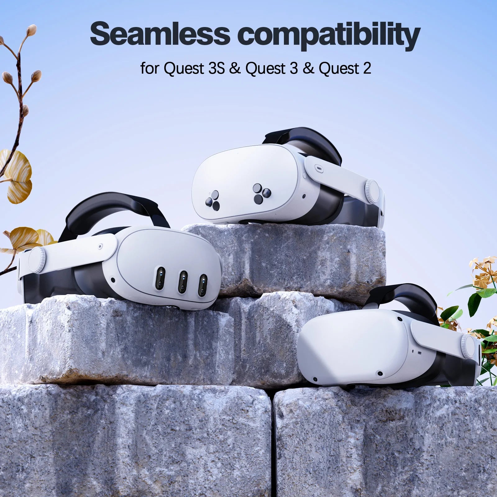 Three white adjustable VR headbands with black flexible straps, displayed on stone blocks against a blue sky background.