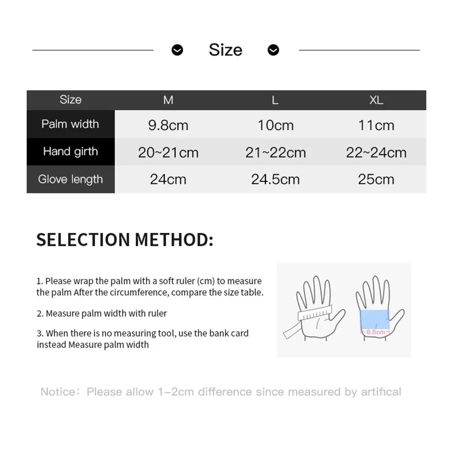 Glove size guide table with measurements for M, L, and XL, showing palm width, girth, and length selection instructions.