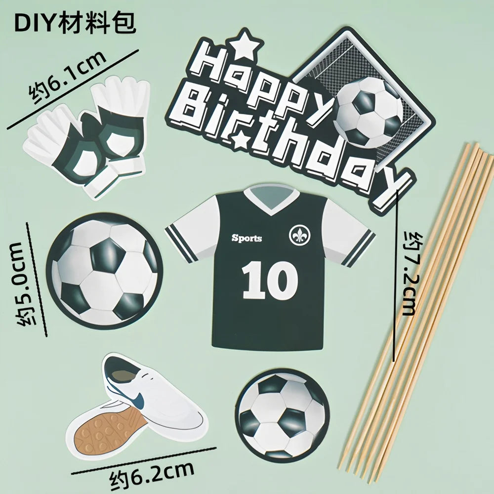 Football-themed DIY cake topper kit featuring a Happy Birthday sign, jersey, footballs, gloves, boots, and wood skewers.