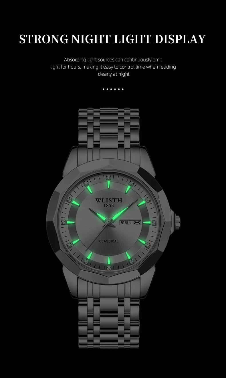 Classic men’s black stainless steel watch with a luminous dial for clear visibility in low light.