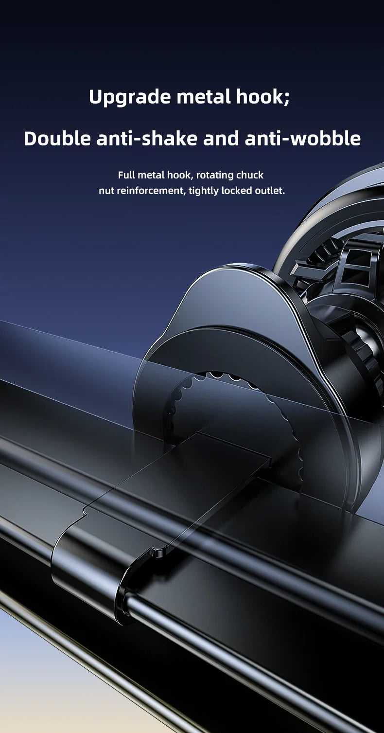 Black metal car air vent phone mount hook with a circular locking mechanism for secure installation.
