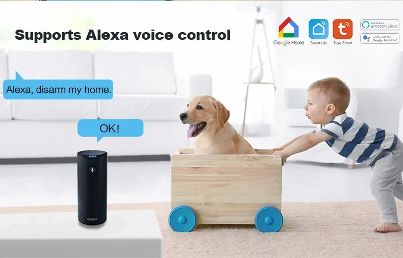 Black cylindrical wireless smart alarm unit with voice control in a bright, modern living room setting.