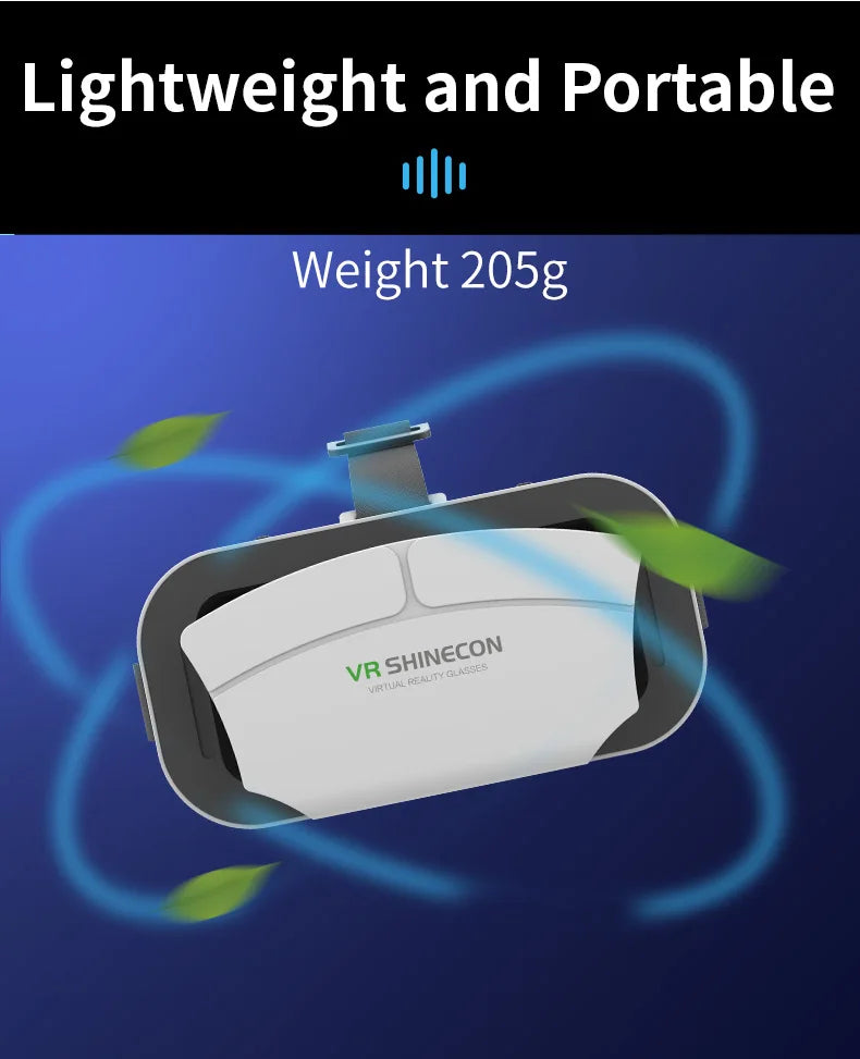 Lightweight white and black VR headset for smartphones, featuring a portable 205g design.