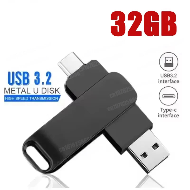 Black metal 2-in-1 dual USB-A and USB-C flash drive for high-speed data transfer.