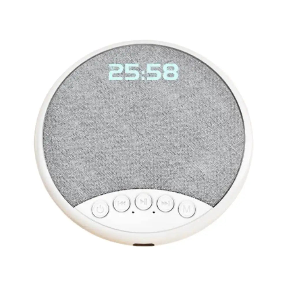 Round, grey fabric-covered wireless under-pillow speaker with a white frame and front-facing playback control buttons.