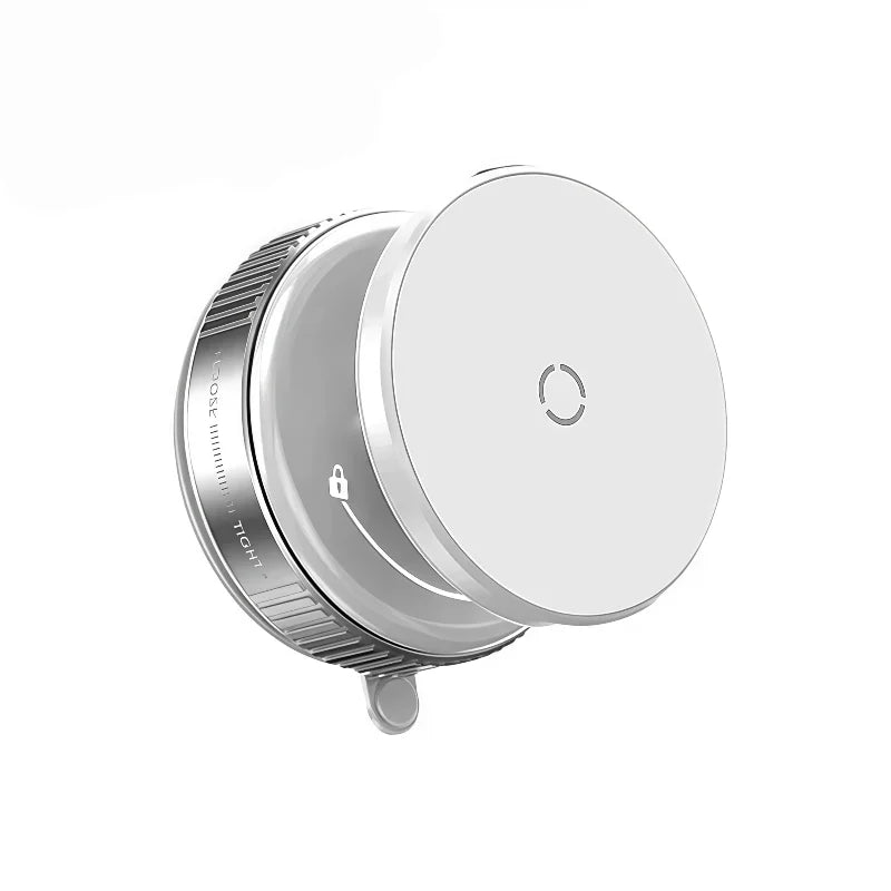 White, circular suction cup mount with silver accents, a locking mechanism, and a smooth, minimalist aesthetic.