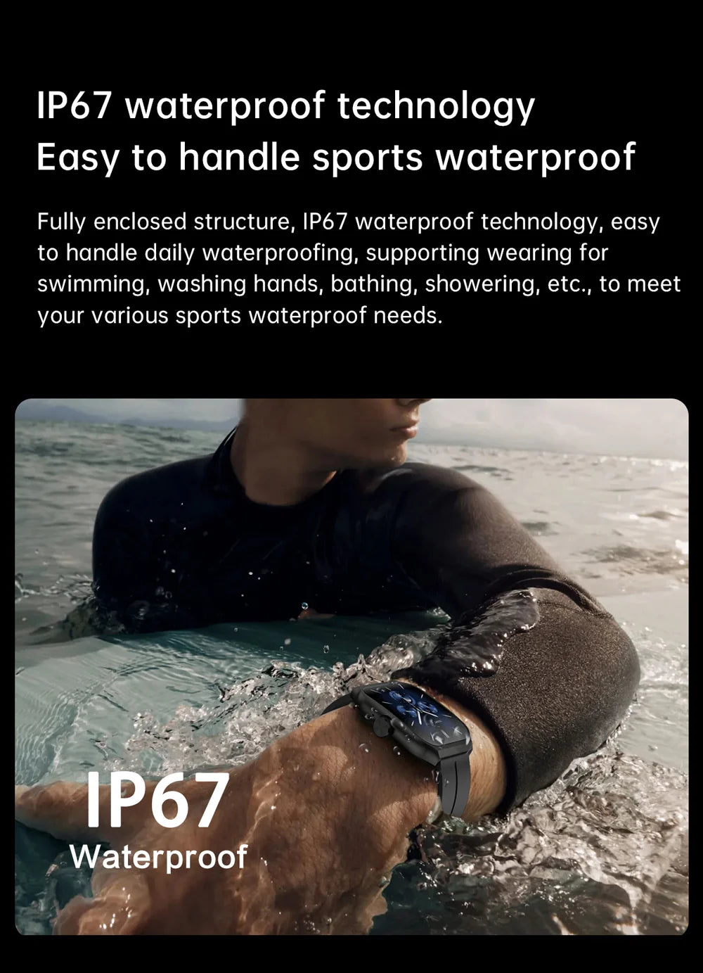 Black smart watch with 2.01-inch curved screen being worn by a person swimming in the sea. IP67 waterproof rated.