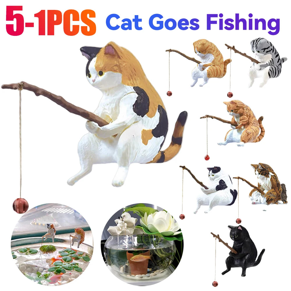 Set of five colourful, detailed cat aquarium ornaments, each featuring a kitten sitting and holding a fishing rod.