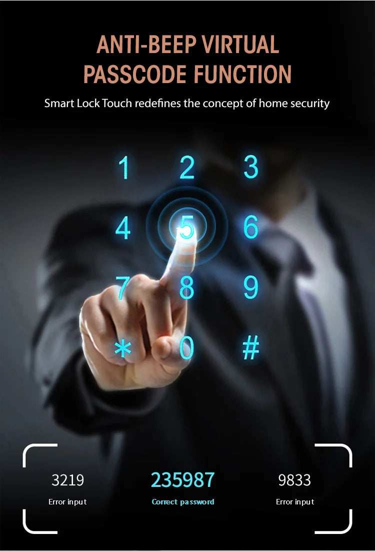 Finger touching a glowing blue digital number pad on a dark background, illustrating a secure anti-beep passcode lock.