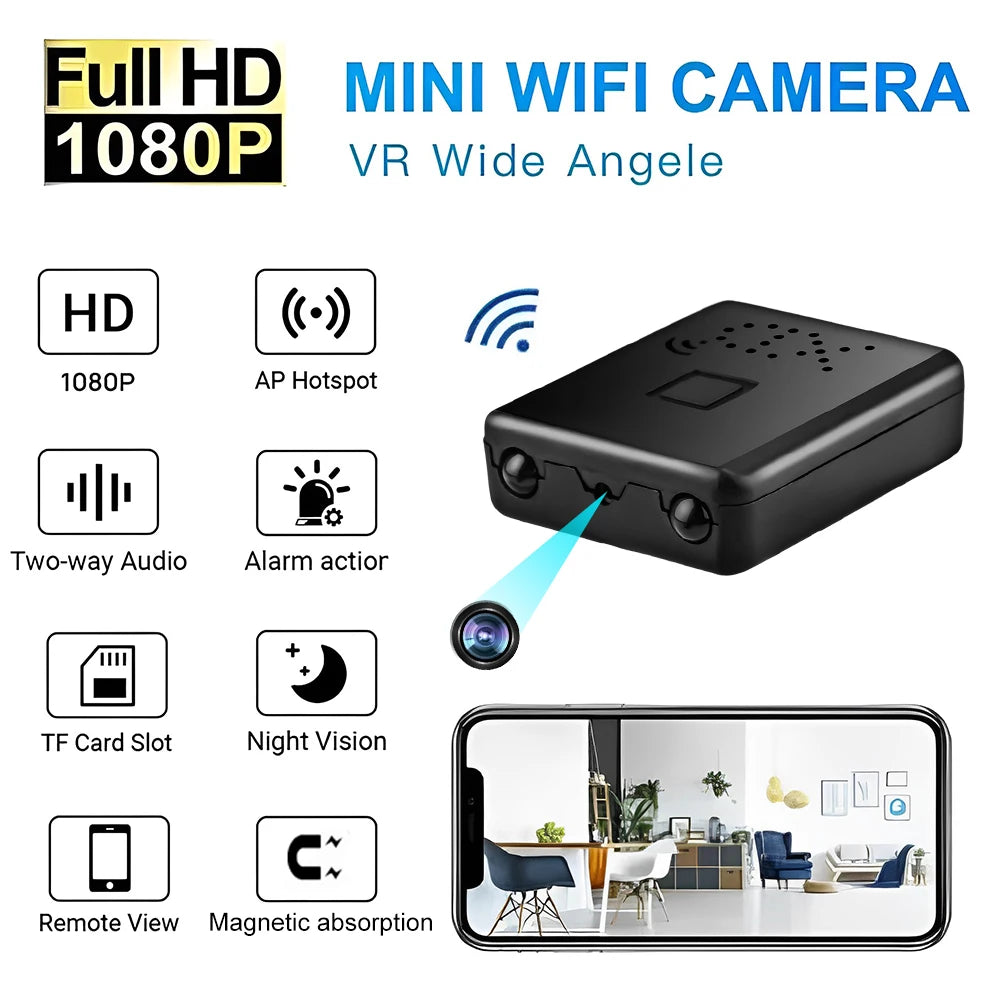 Black plastic mini Wi-Fi camera with 1080p, night vision, two-way audio, TF slot, and magnetic mounting.