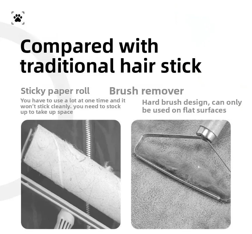 Comparison graphic showing a sticky paper lint roller versus a flat-edged wire brush remover for pet hair.
