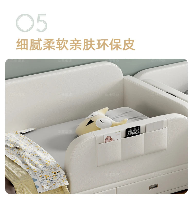 Modern white upholstered bed featuring a side storage pocket and integrated drawer for practical organisation.