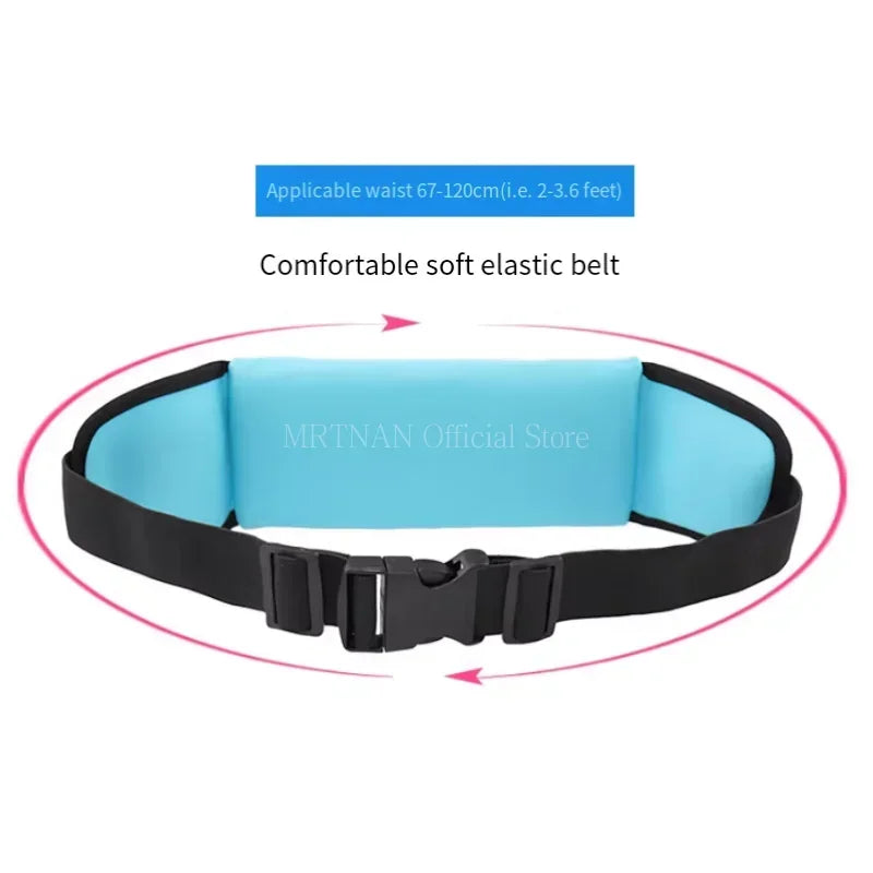 Adjustable sky blue running waist belt with a black elastic strap and secure buckle closure.