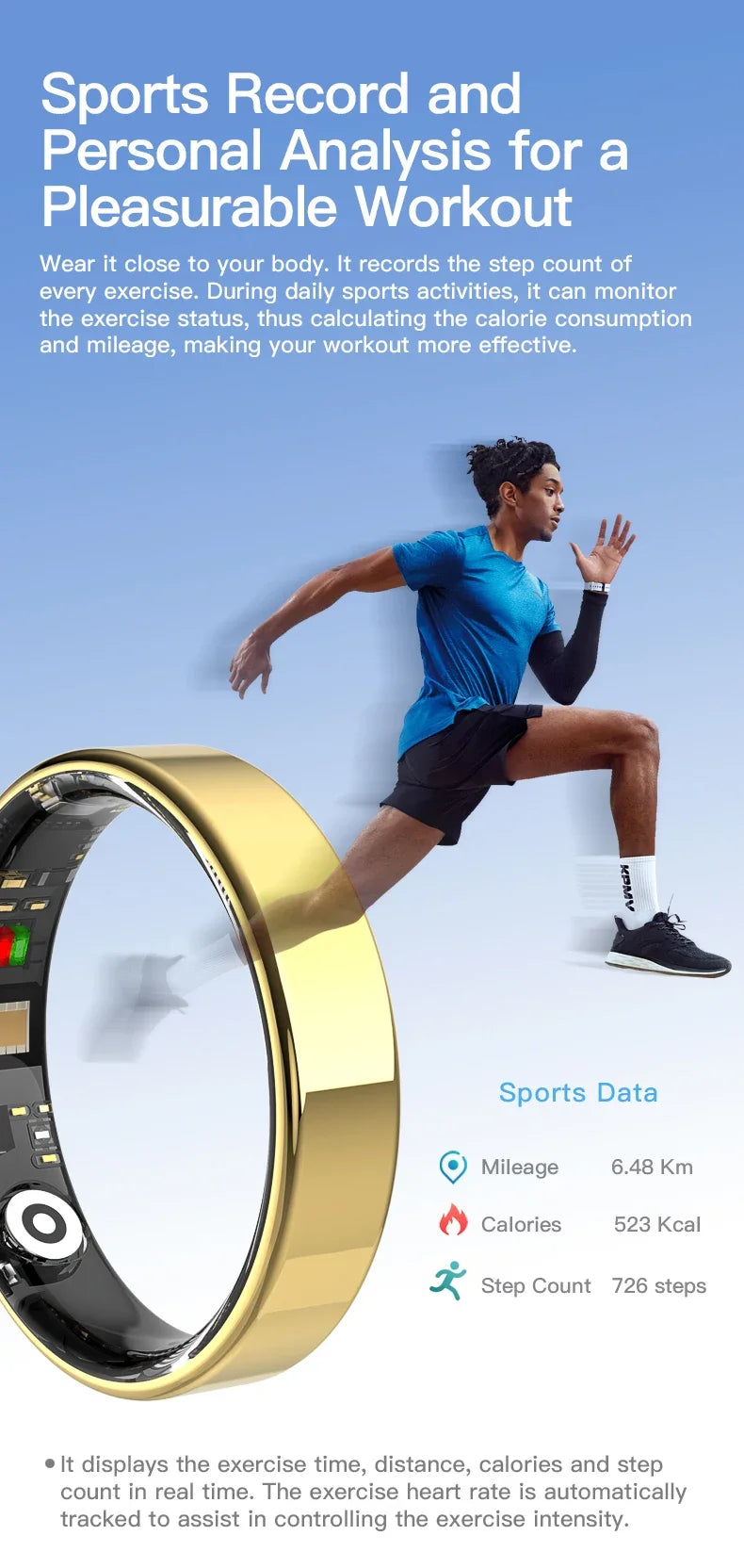 A gold smart fitness ring shown with inner sensors, next to a runner and a display of tracked sports data.