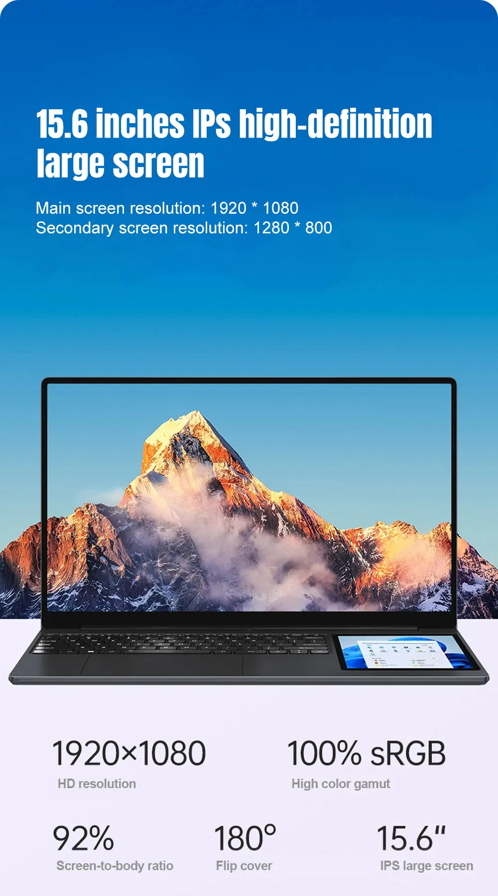 Sleek grey dual-screen laptop featuring a 15.6-inch main display and a 7-inch secondary touch screen.