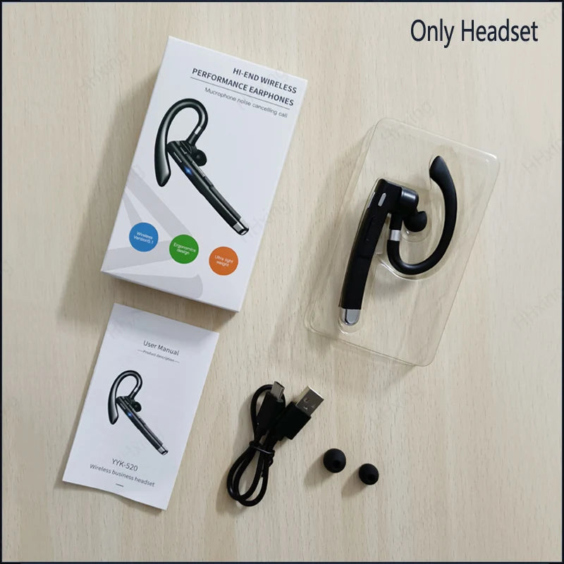 Black wireless Bluetooth earpiece with microphone, shown in packaging with manual, charging cable, and spare tips.