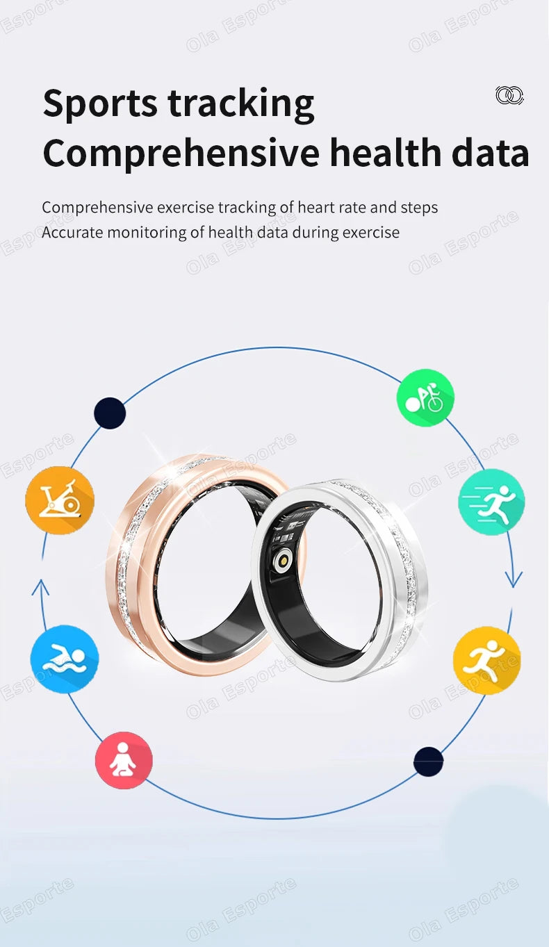 Rose gold and silver smart fitness rings with health tracking icons for steps, swimming, cycling, and heart rate.