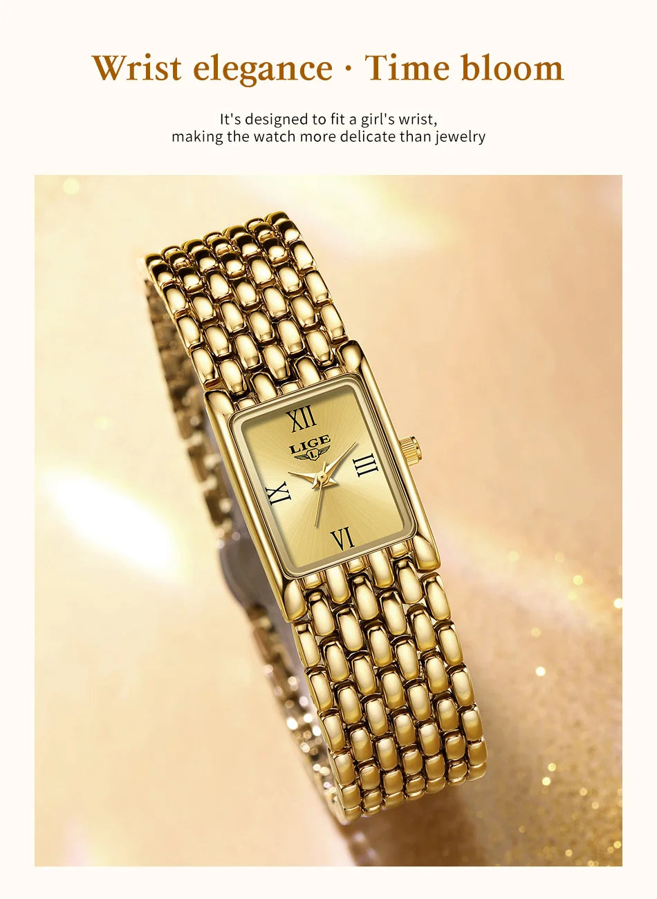 Luxury gold-tone square ladies' watch with a textured link bracelet and minimalist roman numeral dial.