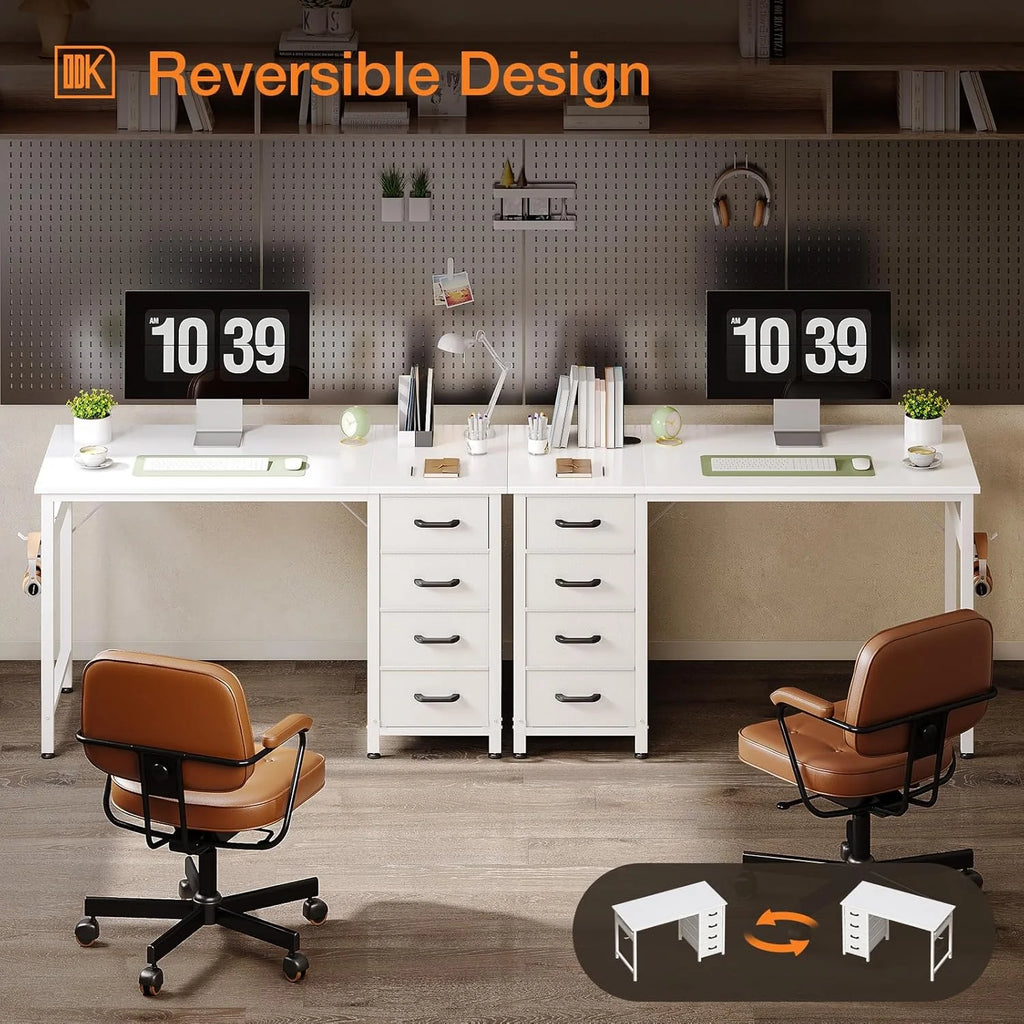 A double desk set with white tops, black legs, and two drawer units, arranged with two chairs facing it.