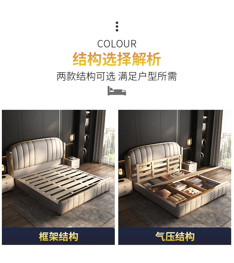 Minimalist grey upholstered bed frame with gold accents, featuring both standard slatted and gas-lift storage options.