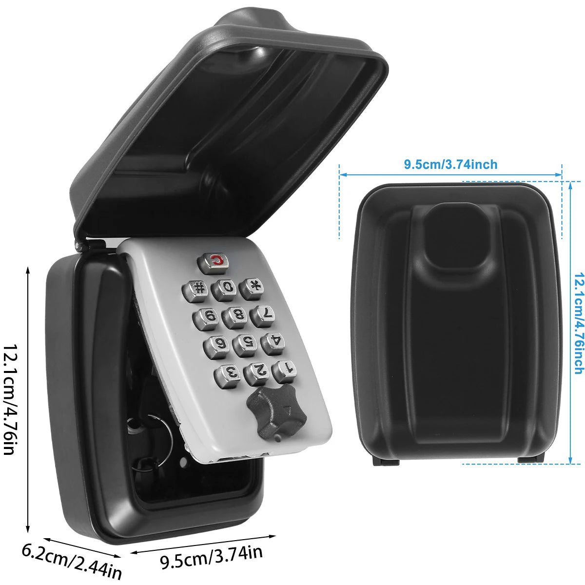 Black metal wall-mounted key lock box with a light grey keypad and protective cover, showing dimensions.