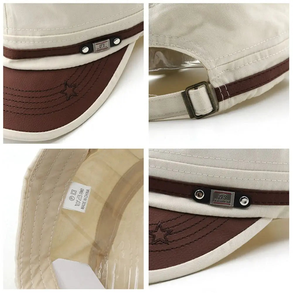 Cream and brown cadet-style baseball cap with contrast stitching, star detail, and an adjustable metal back buckle.