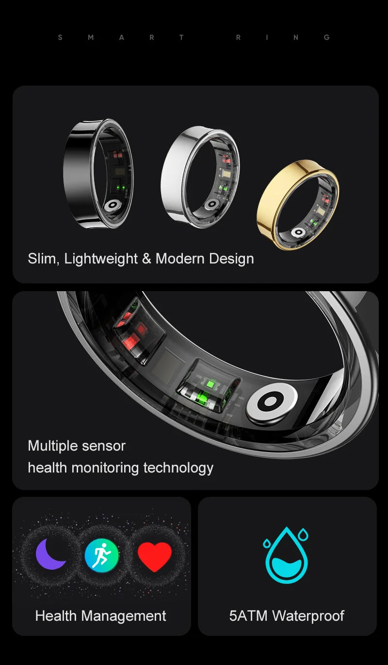 Slim smart health rings in black, silver, and gold. Features advanced internal health sensors, water resistance, and tech.
