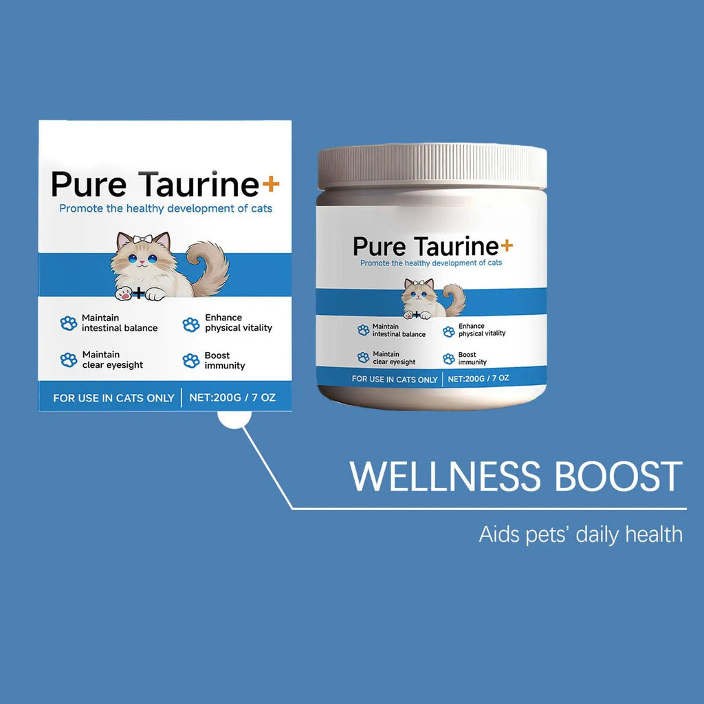200g tub and box of cat taurine supplement for immunity, eyesight, and vitality, featuring a white and blue design.