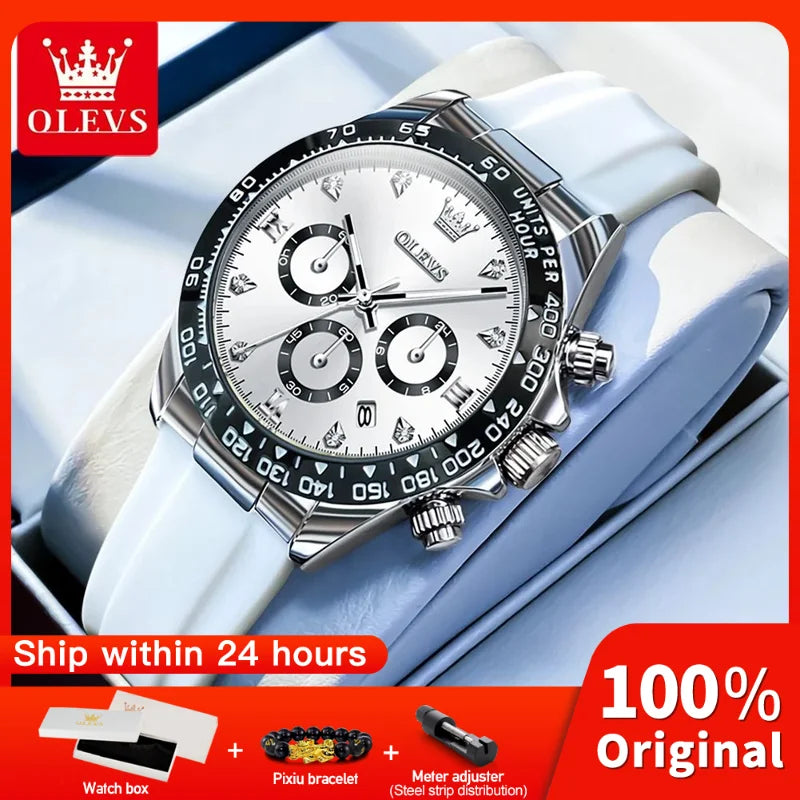 OLEVS 5618 women’s quartz watch with a white silicone strap, silver case, chronograph dials, and a black bezel.