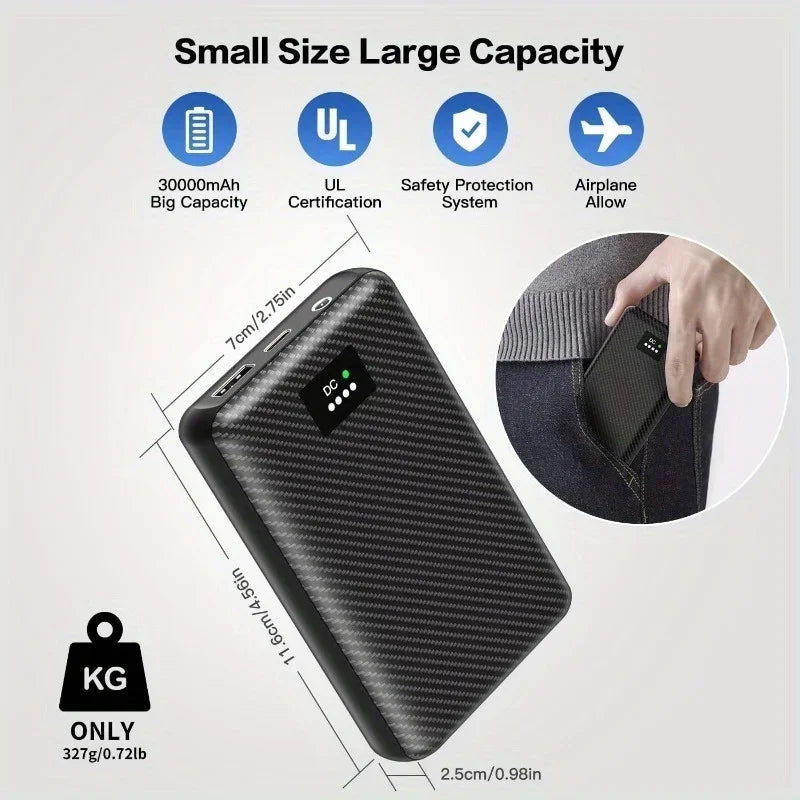 Compact black 30000mAh power bank with carbon fibre texture, showing dimensions and being placed in a jeans pocket.